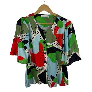 Corey Lynn Calter Abstract Button Up Blouse Sz M/L Ecovero Twill Colorful Artsy